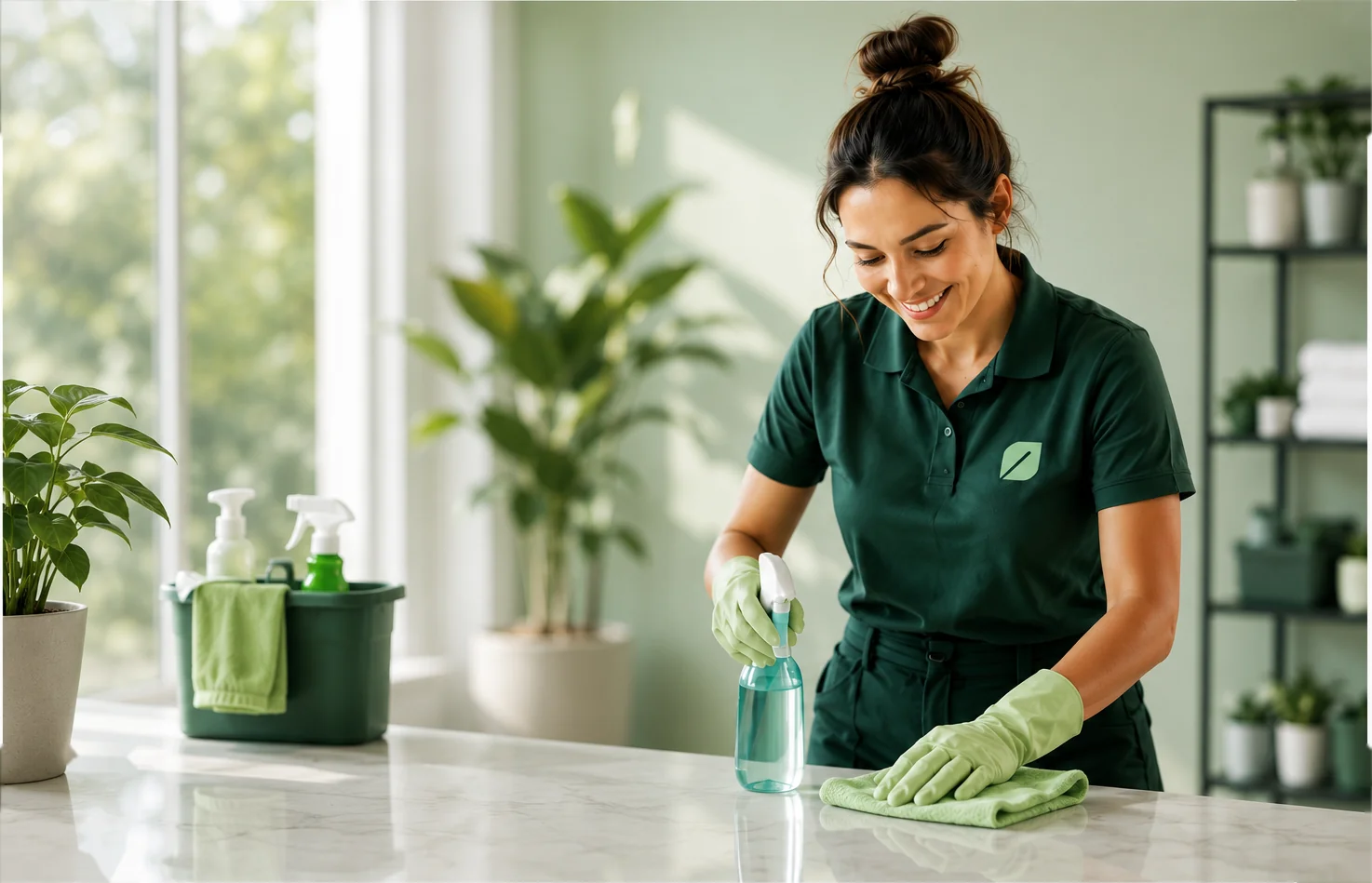 A smiling cleaning pro in a green Wellkept polo wiping a marble counter, spray bottle in hand
