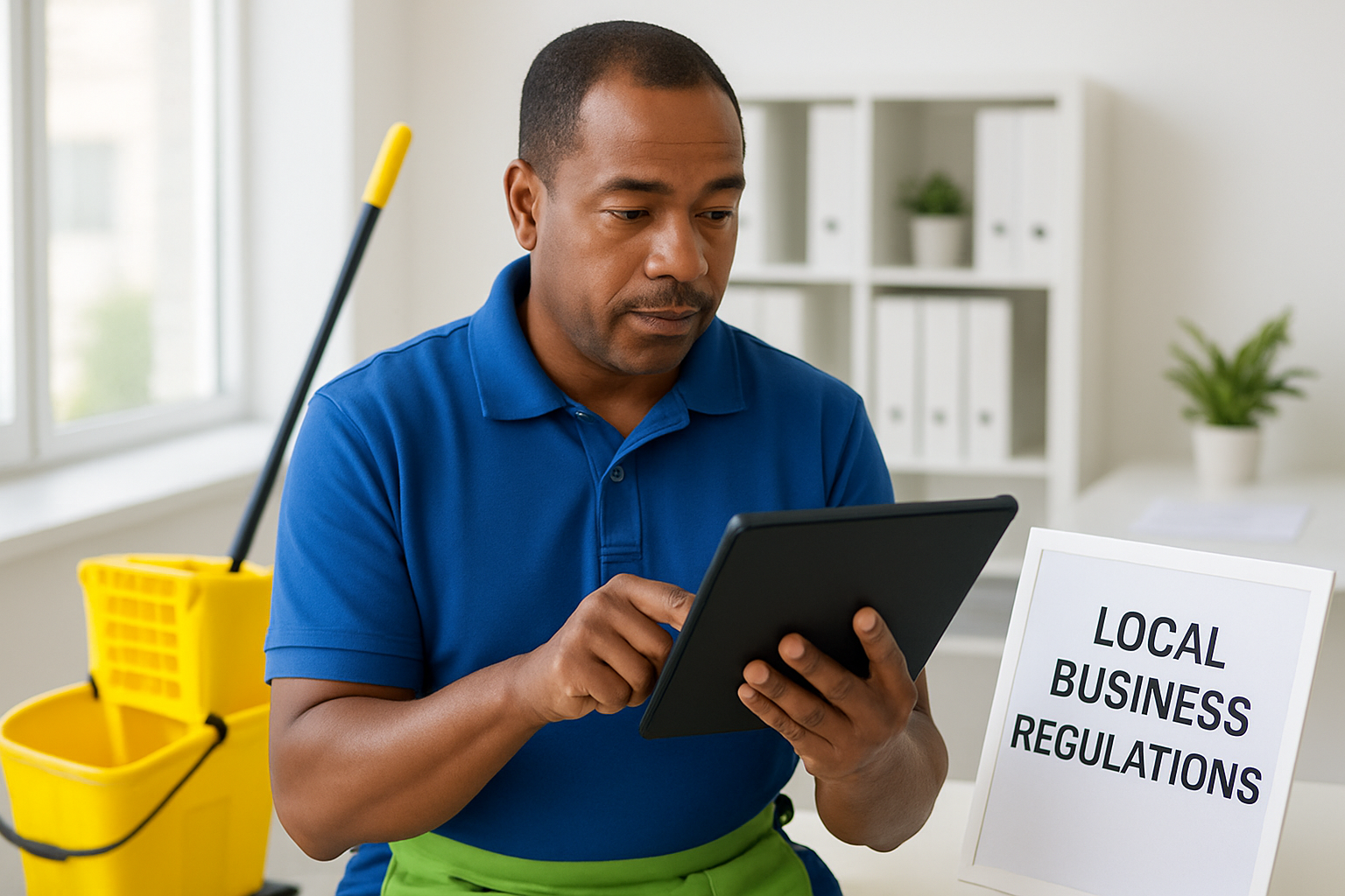 A small business owner reviewing business regulations on a tablet in an office.